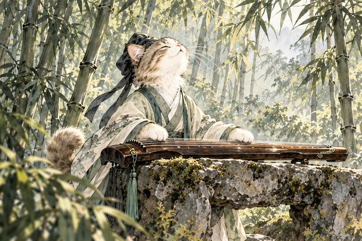 王维猫在竹林里弹古琴，兴起时仰头长啸