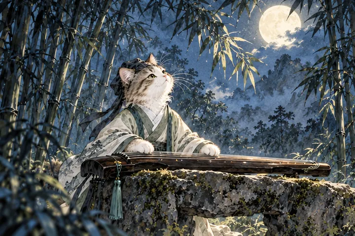 明月穿过竹林照亮王维猫与古琴